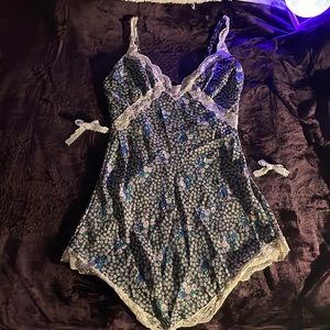 dark blue and pink floral print silk mini dress with lace trim